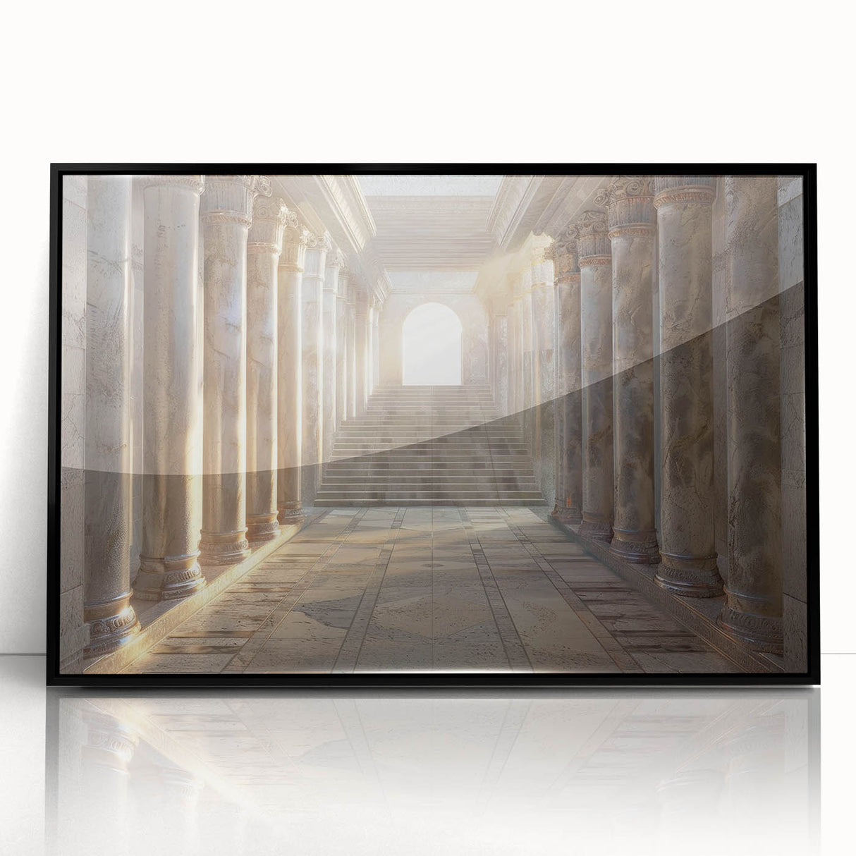 Large abstract wall art featuring black and white architectural columns in a mid-century modernist style, framed acrylic.