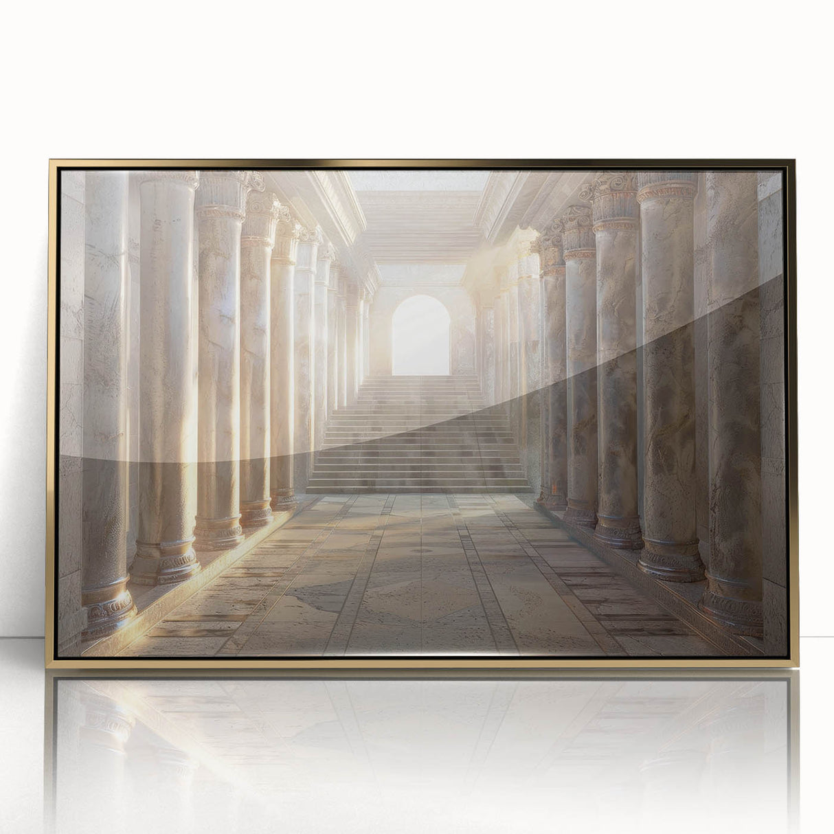 Large art print featuring a mid-century modernist design of gold columns on acrylic, ideal for modern art wall decor.