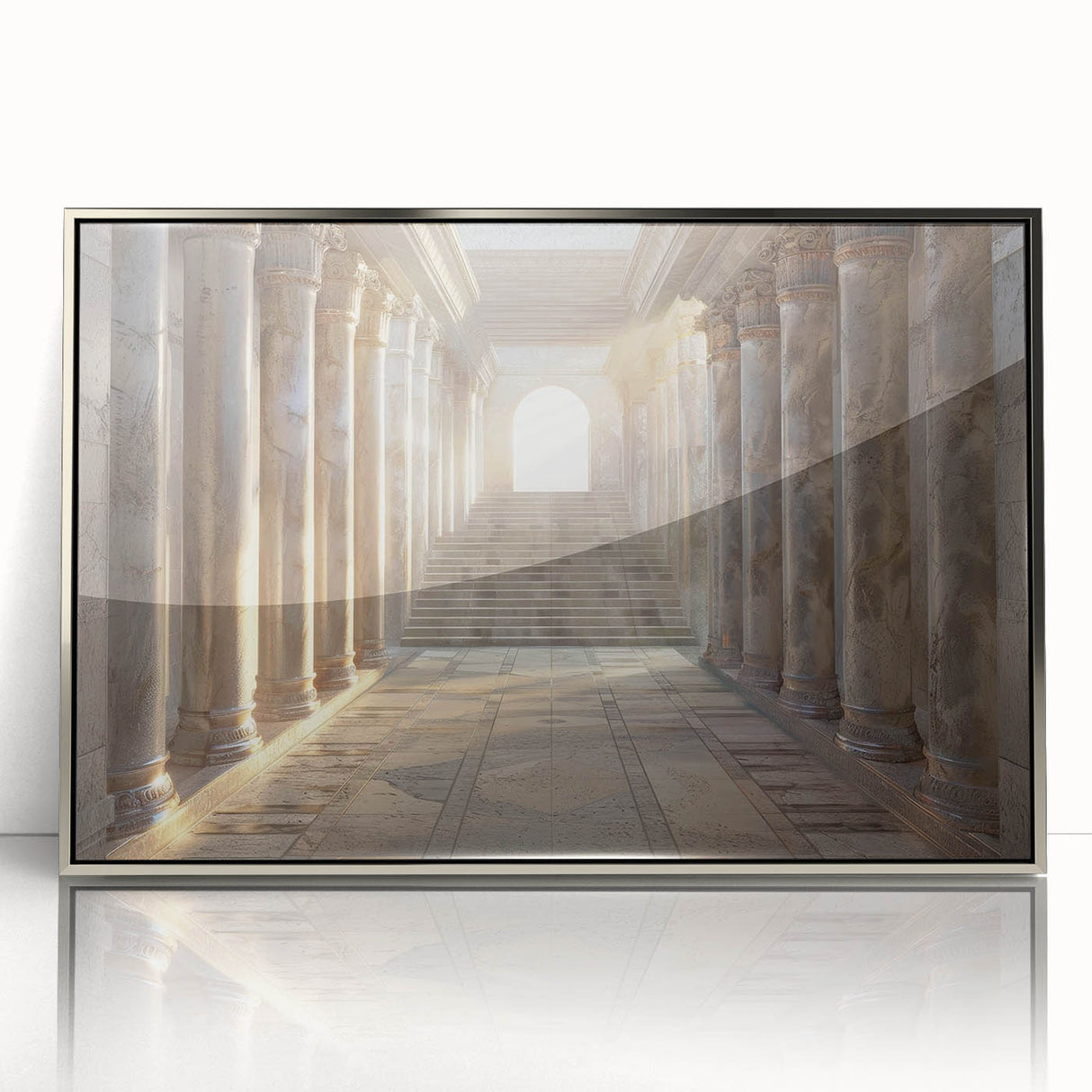 Mid-century modernist art featuring silver columns in acrylic print, ideal for modern art wall decor.