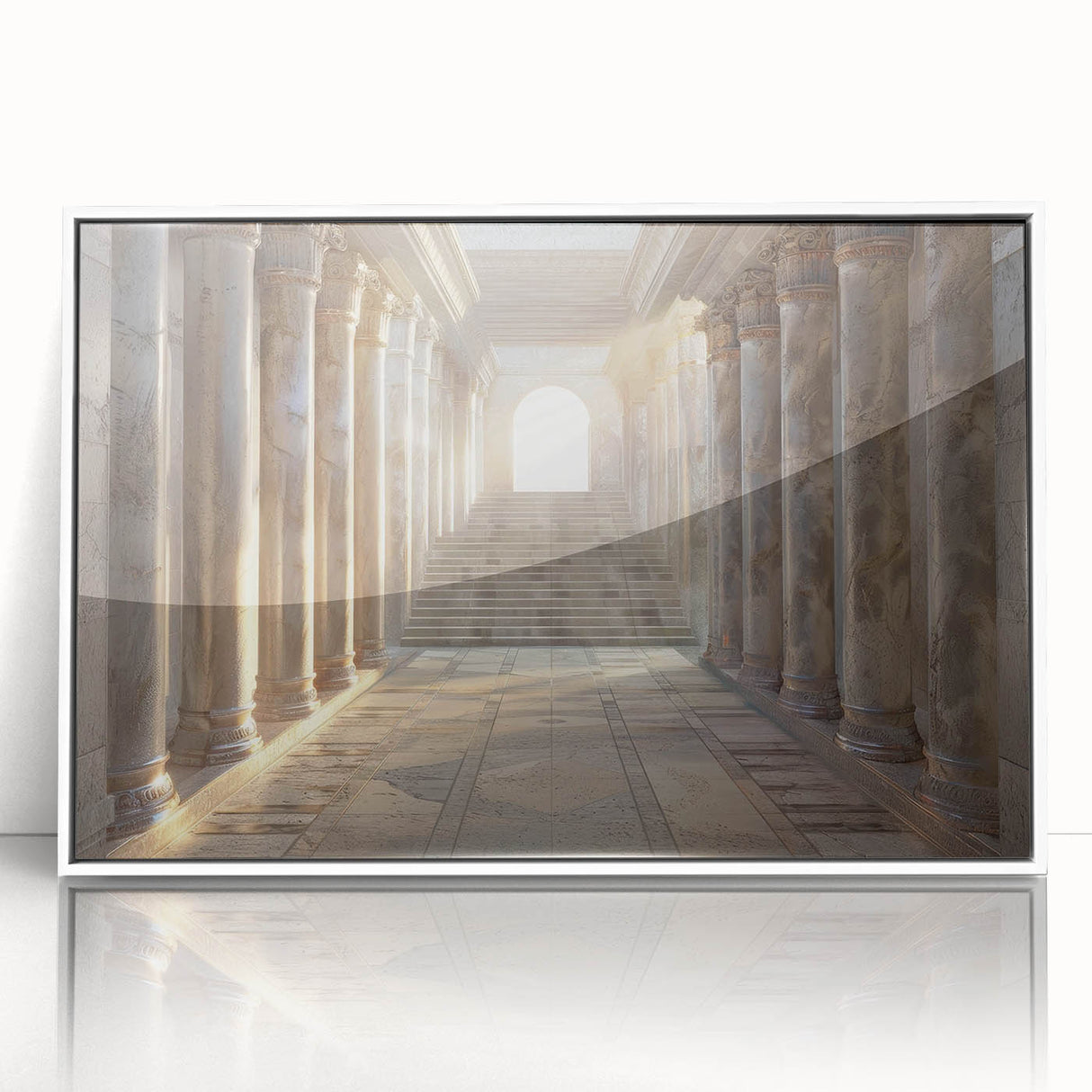 Art deco poster featuring symmetrical architecture columns in monochrome shades, framed acrylic.