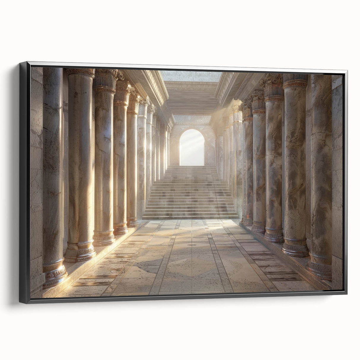Black and white framed canvas of vintage poster art featuring architectural columns, ideal for bedroom wall decor.
