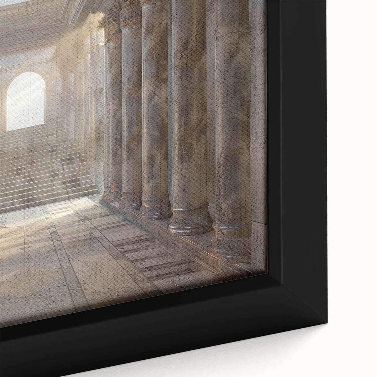 Close-up of black wall art featuring colorful, textured columns on a framed canvas, ideal for living room decor.