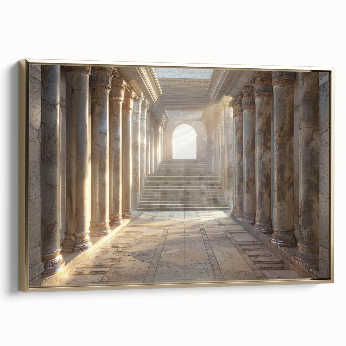 Framed canvas featuring a black and gold vintage poster art of architectural columns, ideal for bedroom wall decor.