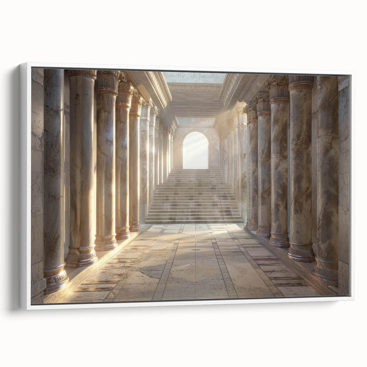 Vintage poster art of classical columns in black and white on a framed canvas, suitable for extra large living room walls.