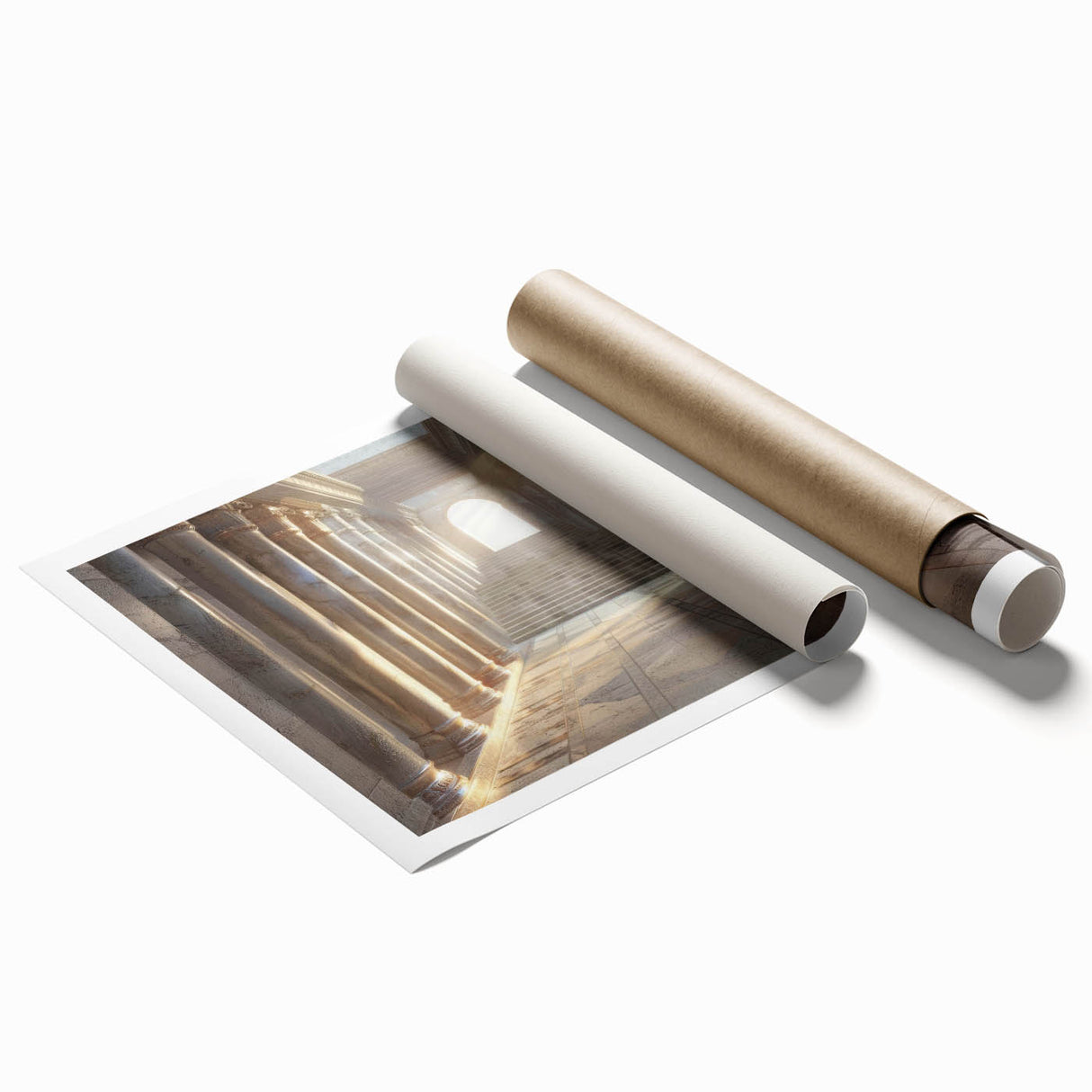 Rolled print of a classical architecture design with columns in muted gray tones, ideal for classy bathroom wall decor.