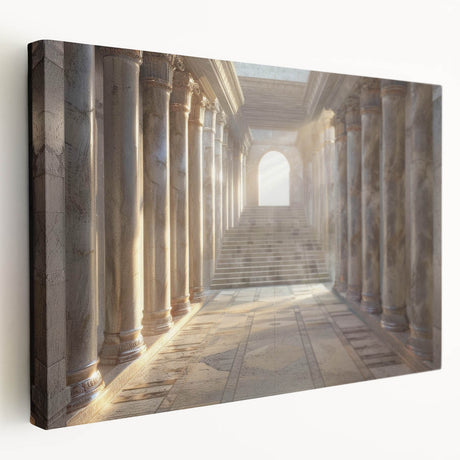 Side view of a large stretched canvas featuring a monochrome architectural column design, suited for kitchen wall art.