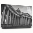 Acrylic print of large abstract wall art featuring architectural columns in muted grays.