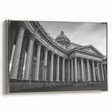 Landscape art painting on framed canvas featuring black and colorful vintage poster art of classical architectural columns.
