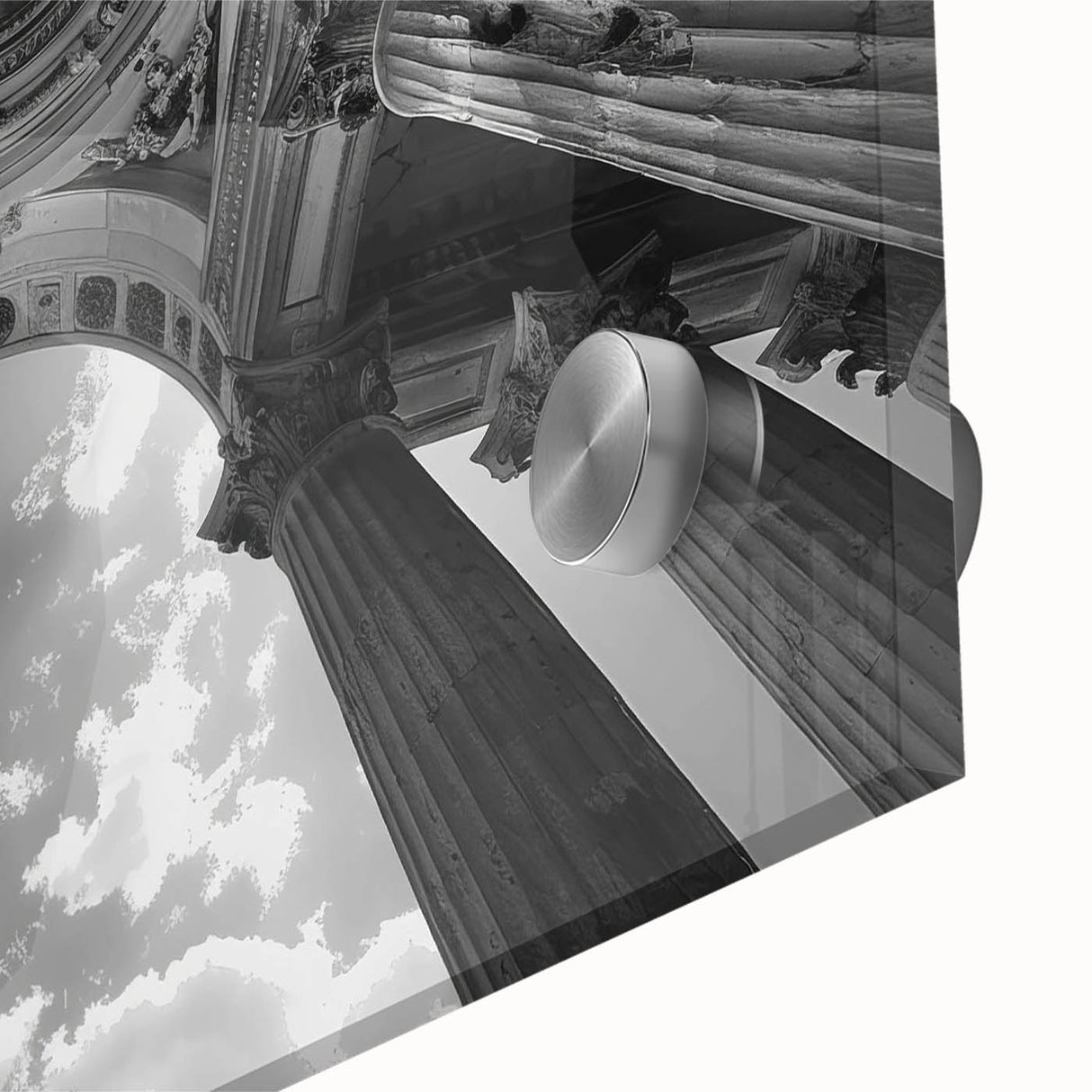 Large abstract wall art on acrylic glass featuring mid-century modernist columns in muted earth tones.