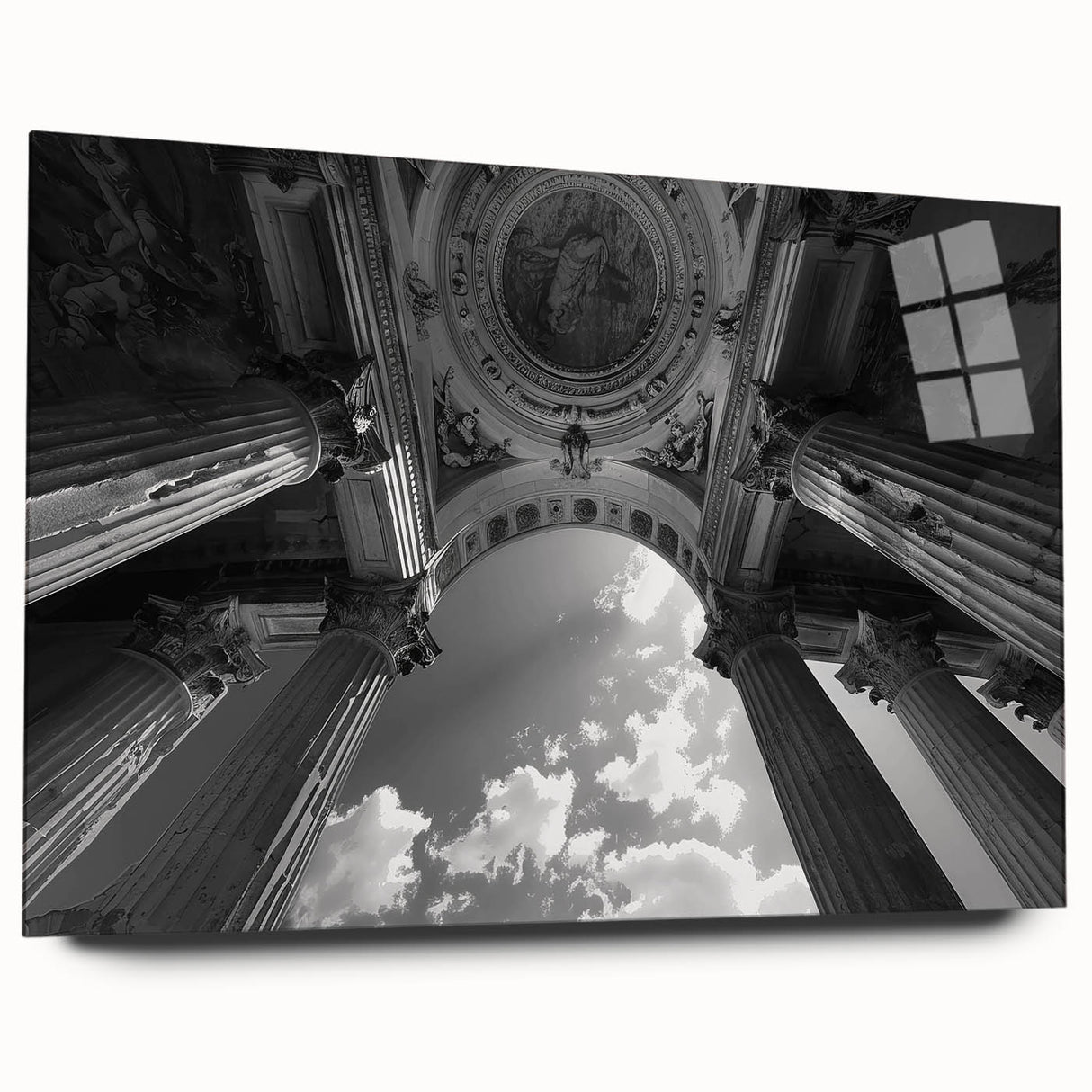 Large abstract wall art on acrylic glass featuring symmetrical column designs in monochrome.
