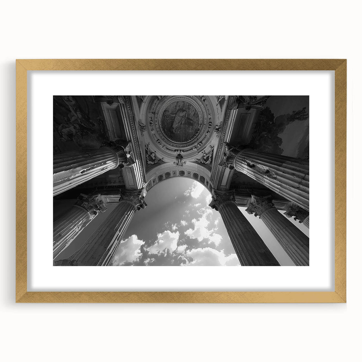 Extra large abstract art print featuring textured columns in muted gold and white, framed, ideal for living room decor.