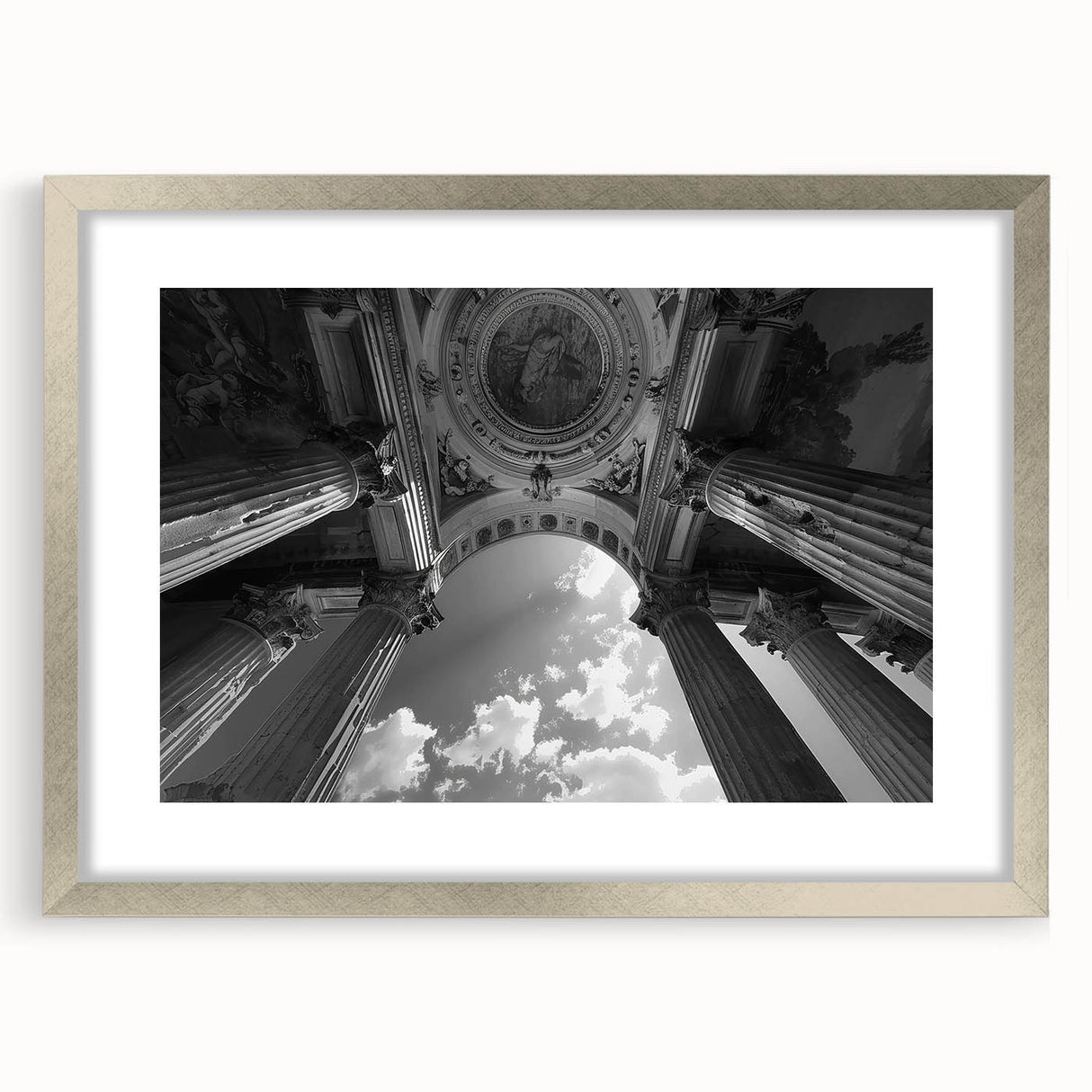 Textured art depicting abstract columns in muted gray, printed on framed canvas, suitable for bedroom decor.