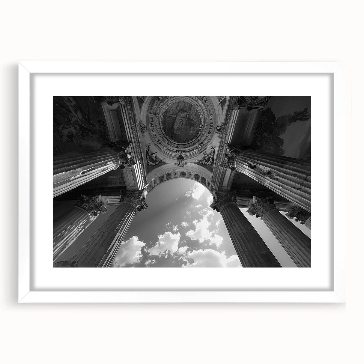 Abstract art print featuring geometric columns in muted gray, framed in white, ideal for modern bedroom or dining room decor.