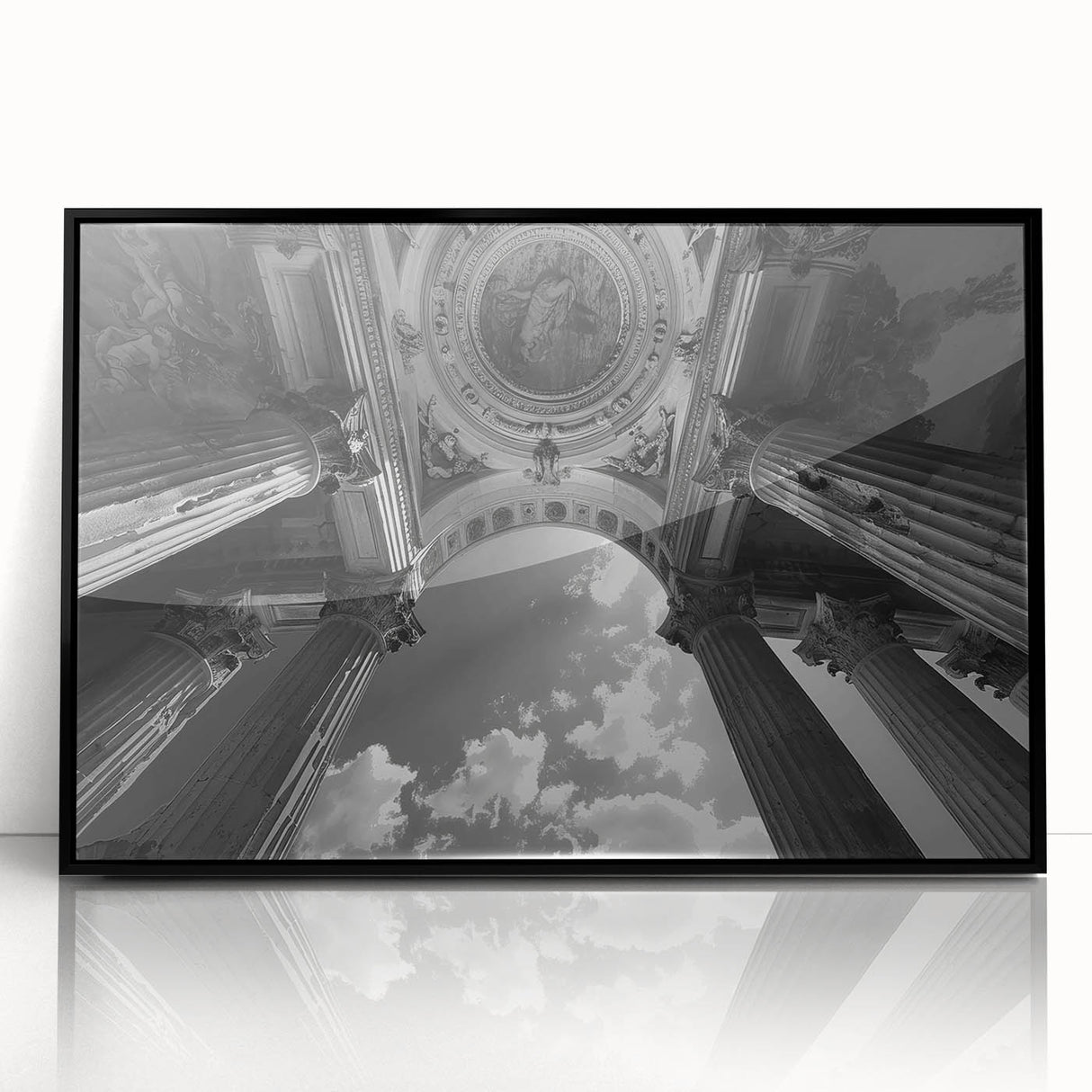 Large abstract wall art featuring black and white architectural columns in a mid-century modernist style, framed in acrylic.