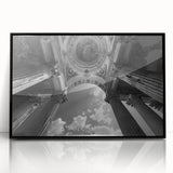 Large abstract wall art featuring black and white architectural columns in a mid-century modernist style, framed in acrylic.