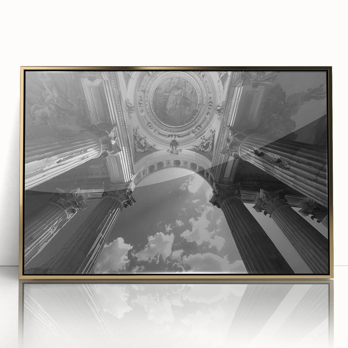 Large art print of mid-century modernist columns in gold tones on framed acrylic, suitable for modern art wall decor.