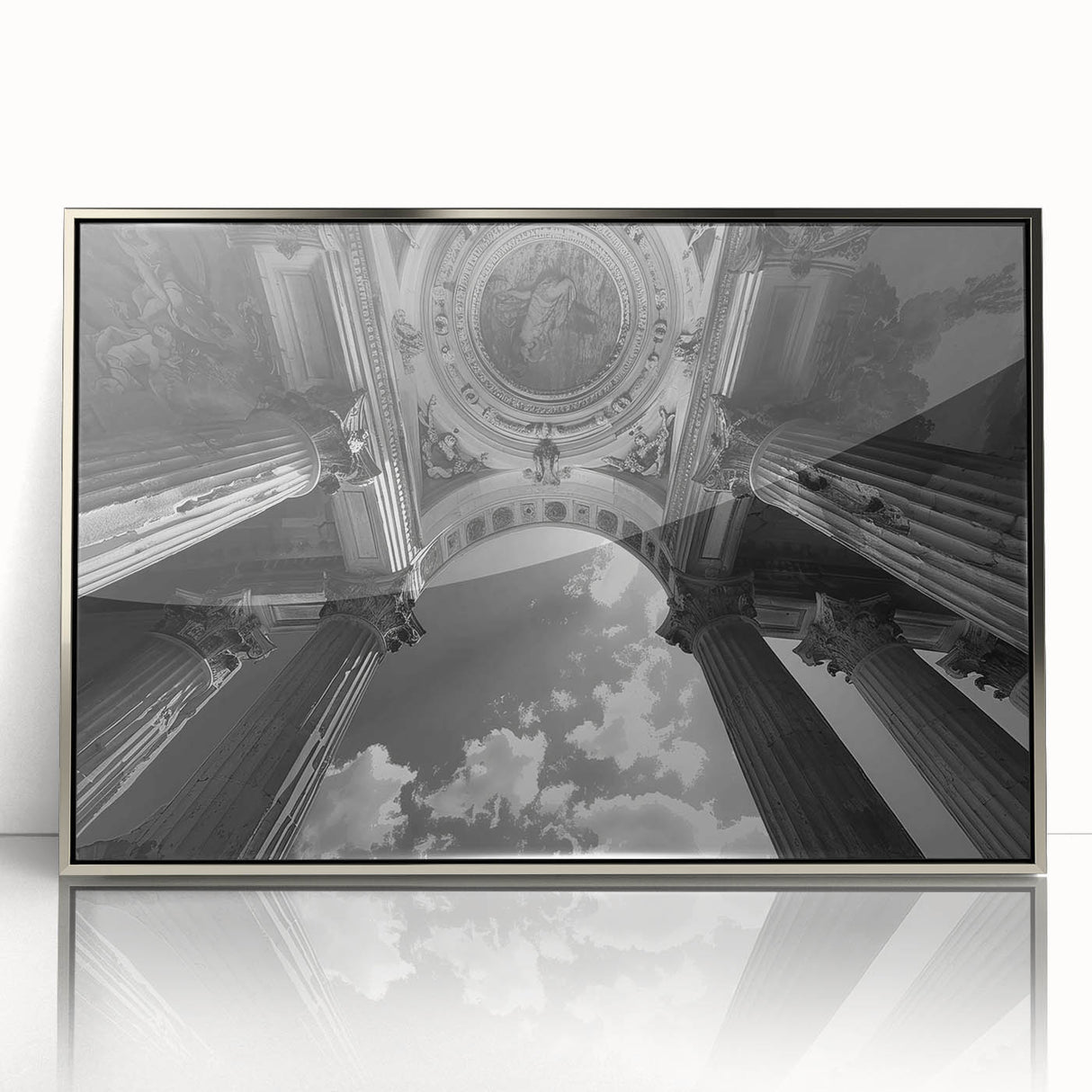 Mid-century modernist art featuring silver-framed acrylic print of architectural columns in muted gray.