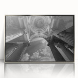 Mid-century modernist art featuring silver-framed acrylic print of architectural columns in muted gray.