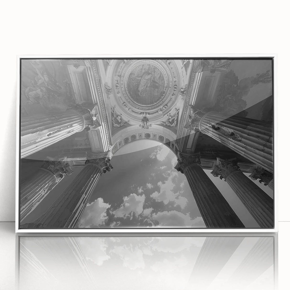 Art deco poster featuring symmetric columns in black and white tones, acrylic print framed in white.