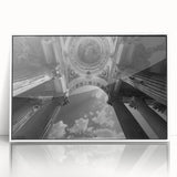 Art deco poster featuring symmetric columns in black and white tones, acrylic print framed in white.