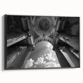 Black and white framed canvas of vintage poster art featuring architectural columns, ideal for bedroom wall decor.