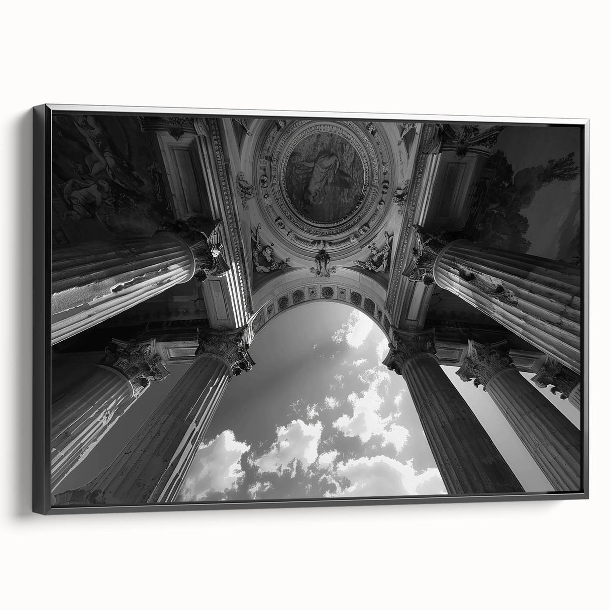 Black and white framed canvas of vintage poster art featuring architectural columns, ideal for bedroom wall decor.