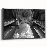 Black and white framed canvas of vintage poster art featuring architectural columns, ideal for bedroom wall decor.