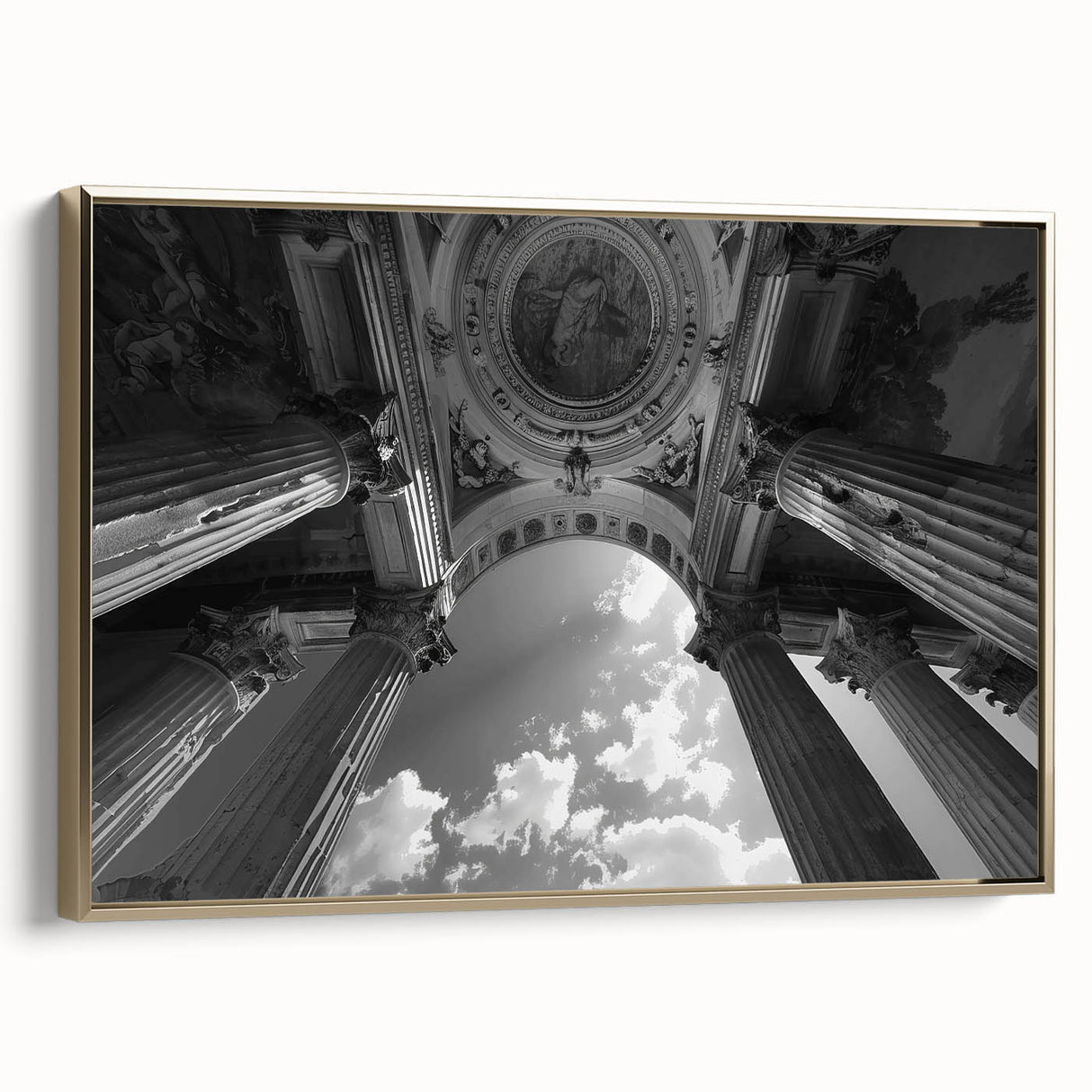 Vintage poster art of architectural columns in black and gold tones on a framed canvas, ideal for bedroom wall decor.