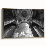 Vintage poster art of architectural columns in black and gold tones on a framed canvas, ideal for bedroom wall decor.
