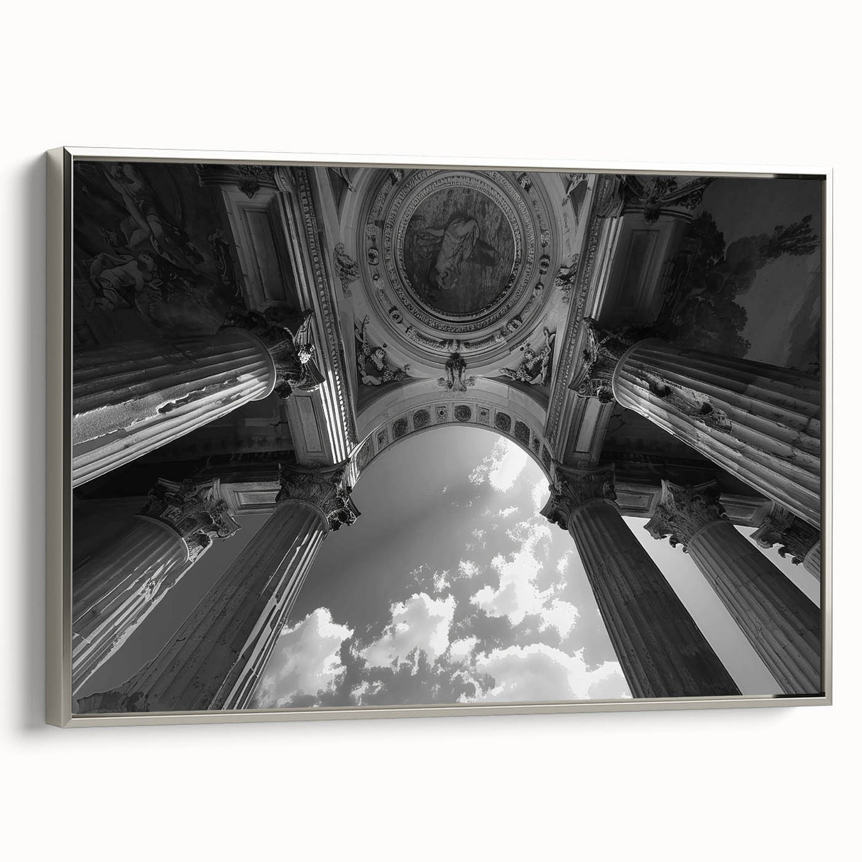 Framed canvas of a vintage black and colorful landscape art painting featuring architectural columns, ideal for office decor.
