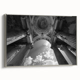 Framed canvas of a vintage black and colorful landscape art painting featuring architectural columns, ideal for office decor.