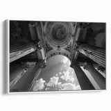 Framed canvas featuring vintage poster art of classical columns in black with colorful accents, ideal for living room decor.