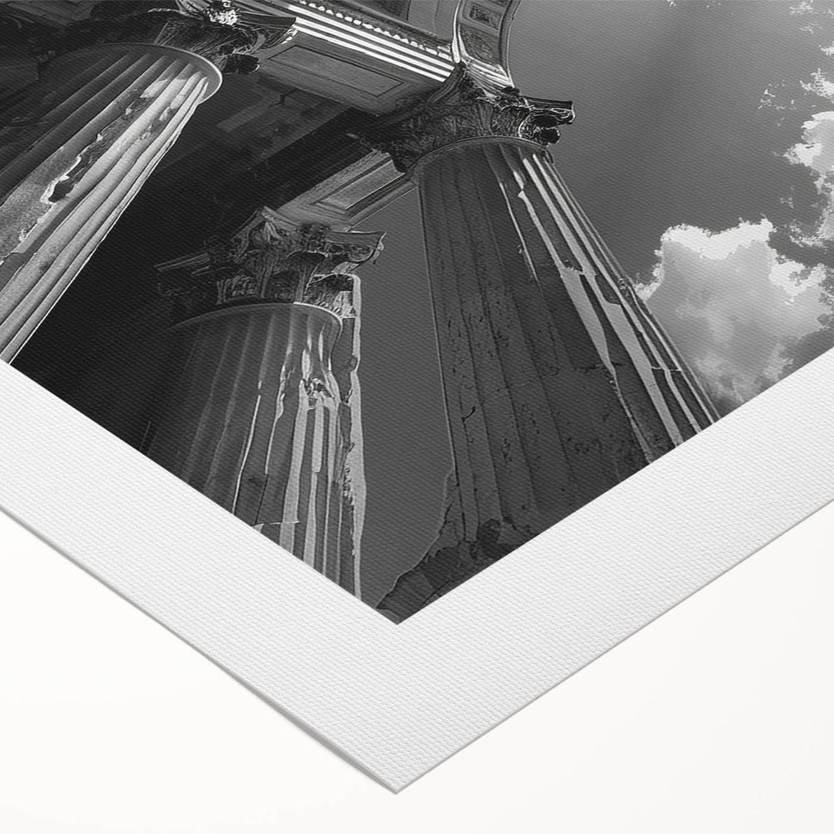 Art deco poster featuring symmetrical architecture columns in muted gray, ideal for dining room wall art on rolled canvas.