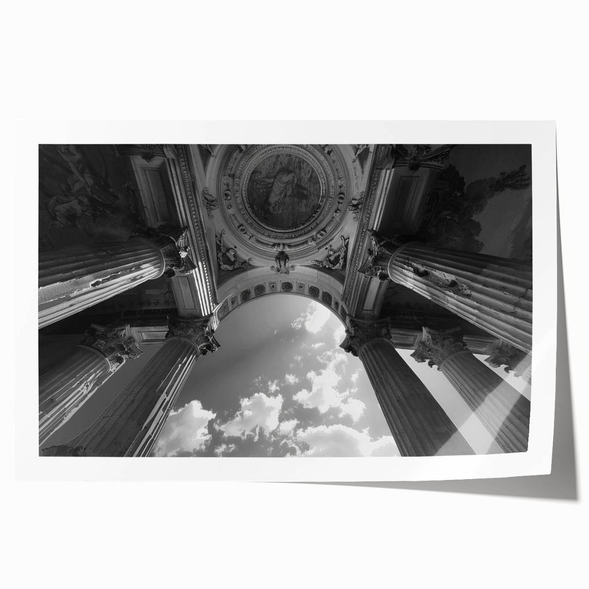 Rolled print of classical columns in subdued earth tones, ideal for art wall dining room or classy bathroom decor.