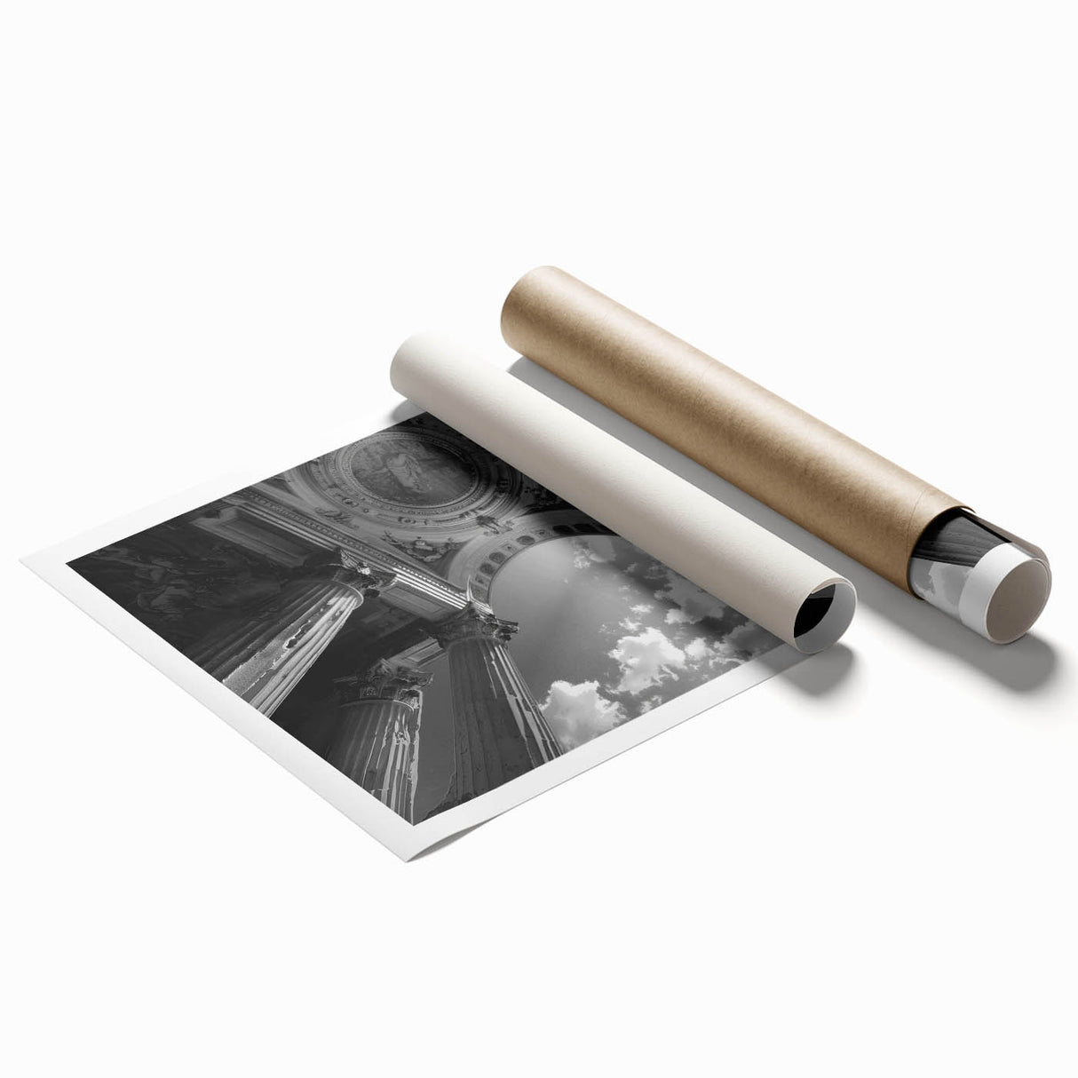 Rolled print featuring a neoclassical column design with subtle floral motifs, ideal for classy bathroom wall art.