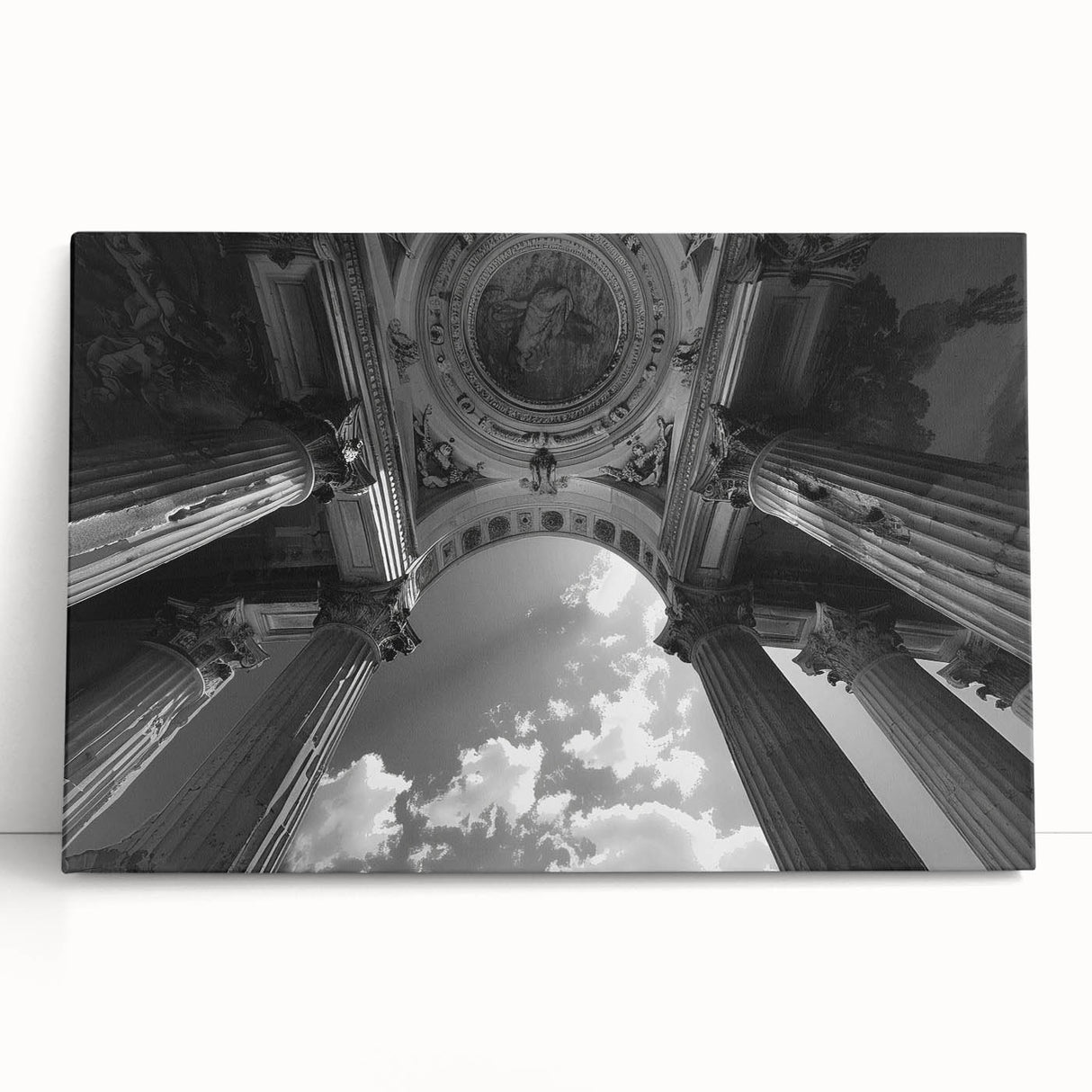 Black and white photo of classical columns on stretched canvas, ideal for kitchen wall art or bedroom decor.