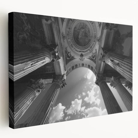 Large art print of classical architecture columns in muted beige tones on stretched canvas, ideal for kitchen wall art.