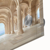Mid-century modernist abstract art on acrylic glass featuring a pattern of columns in muted earth tones.