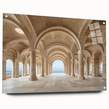 Acrylic print of large abstract wall art featuring a design of architectural columns in neutral tones.