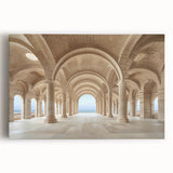 Black and white photo of classical columns on a stretched canvas, ideal for kitchen wall art.