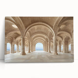 Black and white photo of classical columns on stretched canvas, ideal for kitchen wall art or bedroom ambiance.