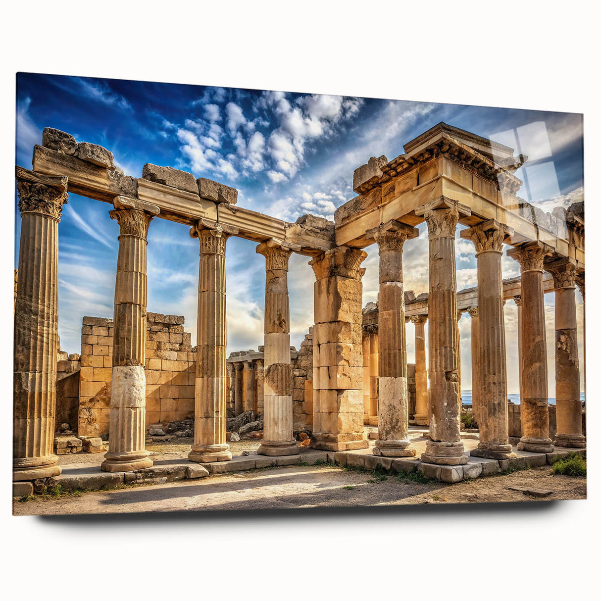 Large abstract wall art on acrylic glass featuring a design of architectural columns in muted gray tones.