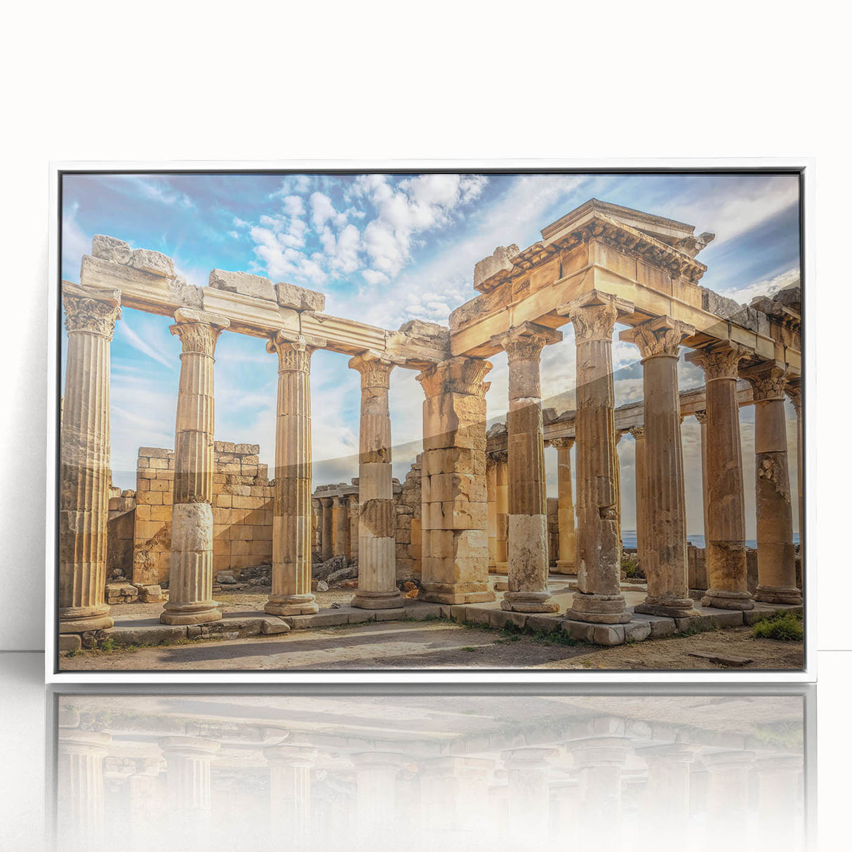 Art deco poster featuring symmetric white columns on a black background, acrylic print framed in white.