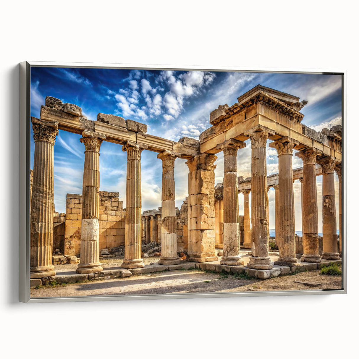 Framed canvas of a vintage poster featuring a black and colorful landscape with architectural columns.