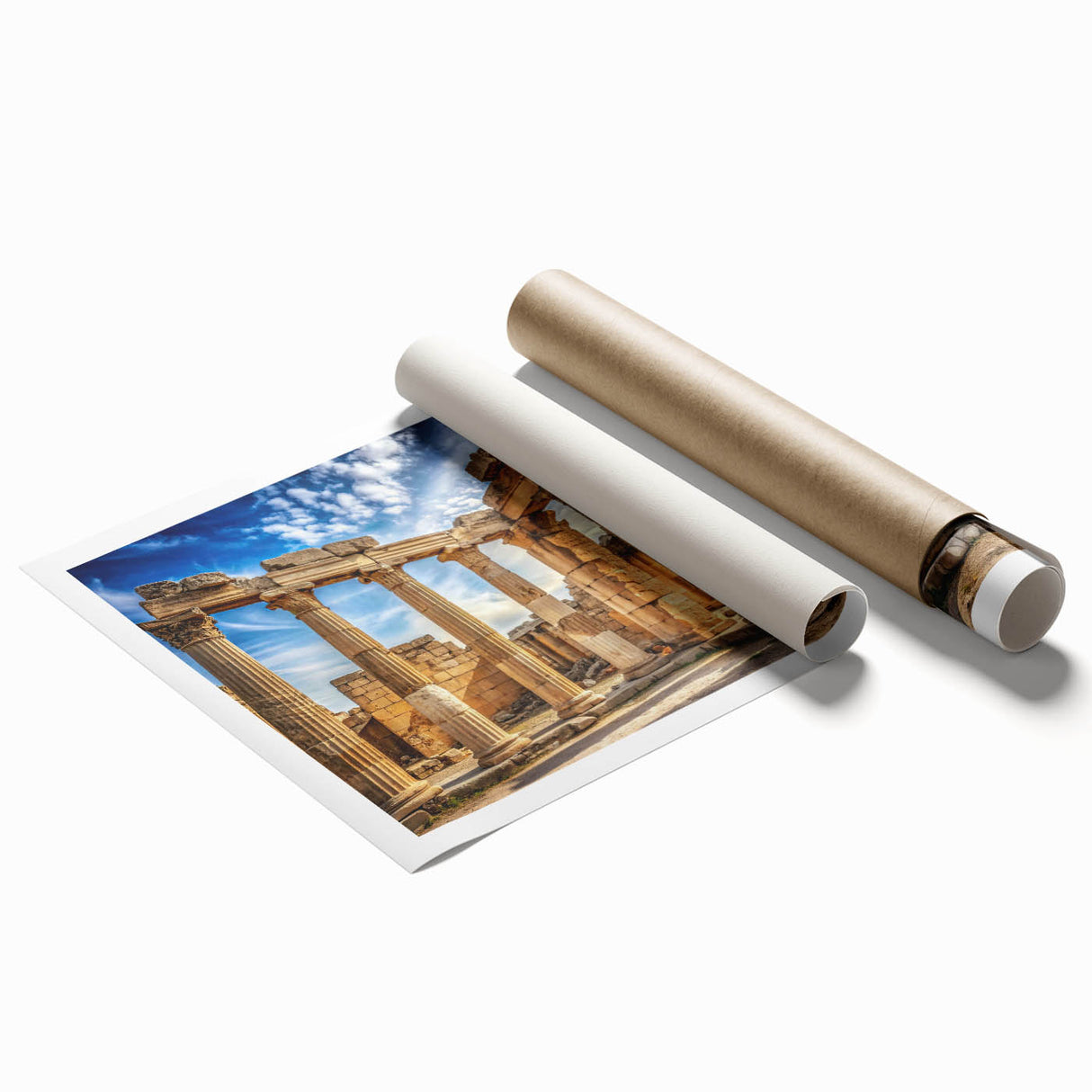 Extra large rolled print featuring a floral art design with architecture columns in muted gray tones.