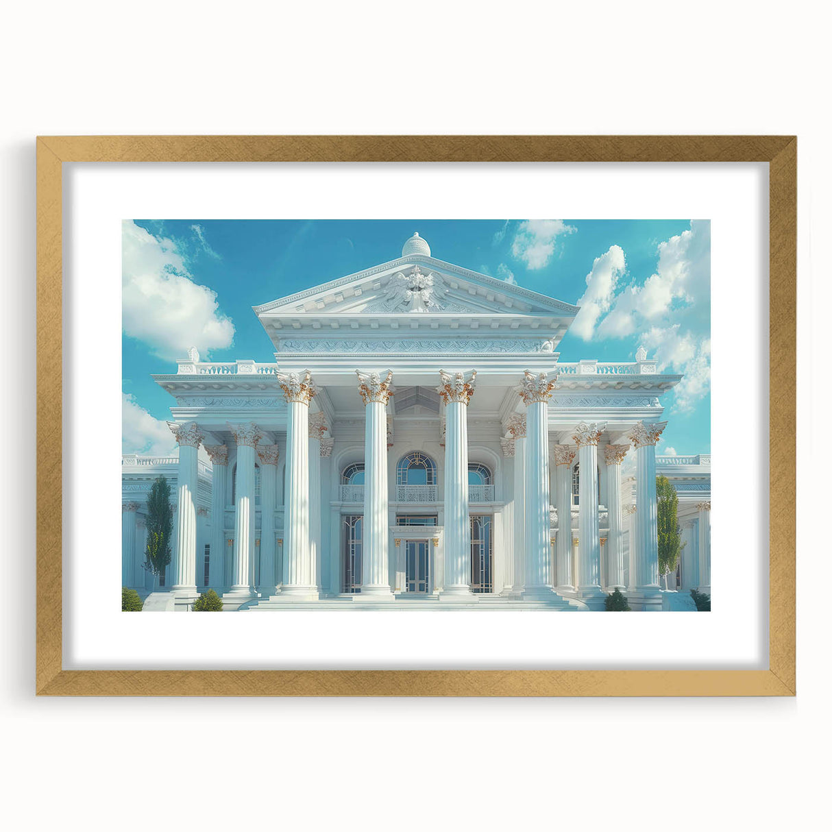 Extra large abstract art print featuring textured columns in muted gold and white, framed with a mat.