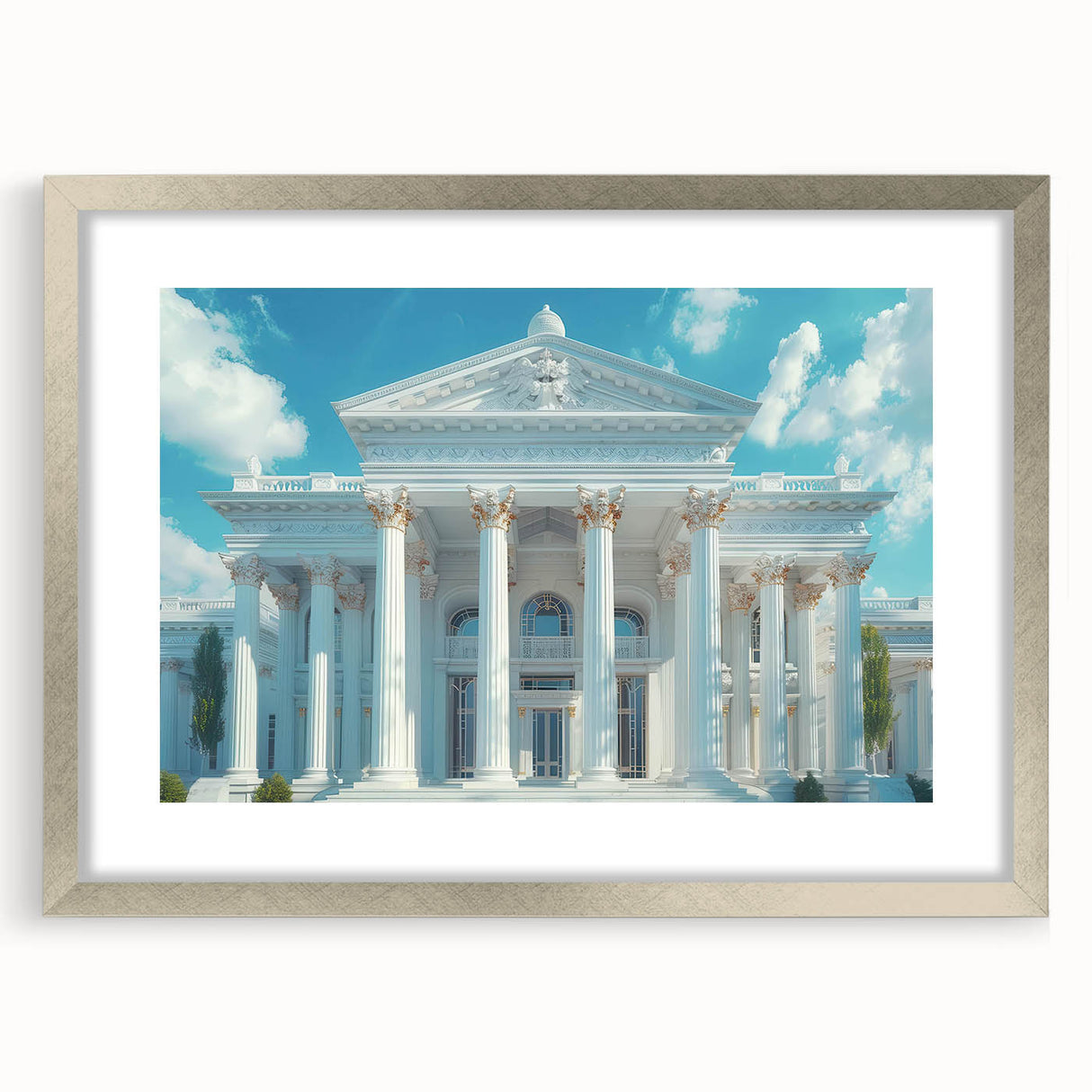 Textured art print of abstract columns in muted gray and white, framed in silver, ideal for modern bedroom decor.