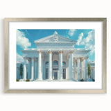 Textured art print of abstract columns in muted gray and white, framed in silver, ideal for modern bedroom decor.