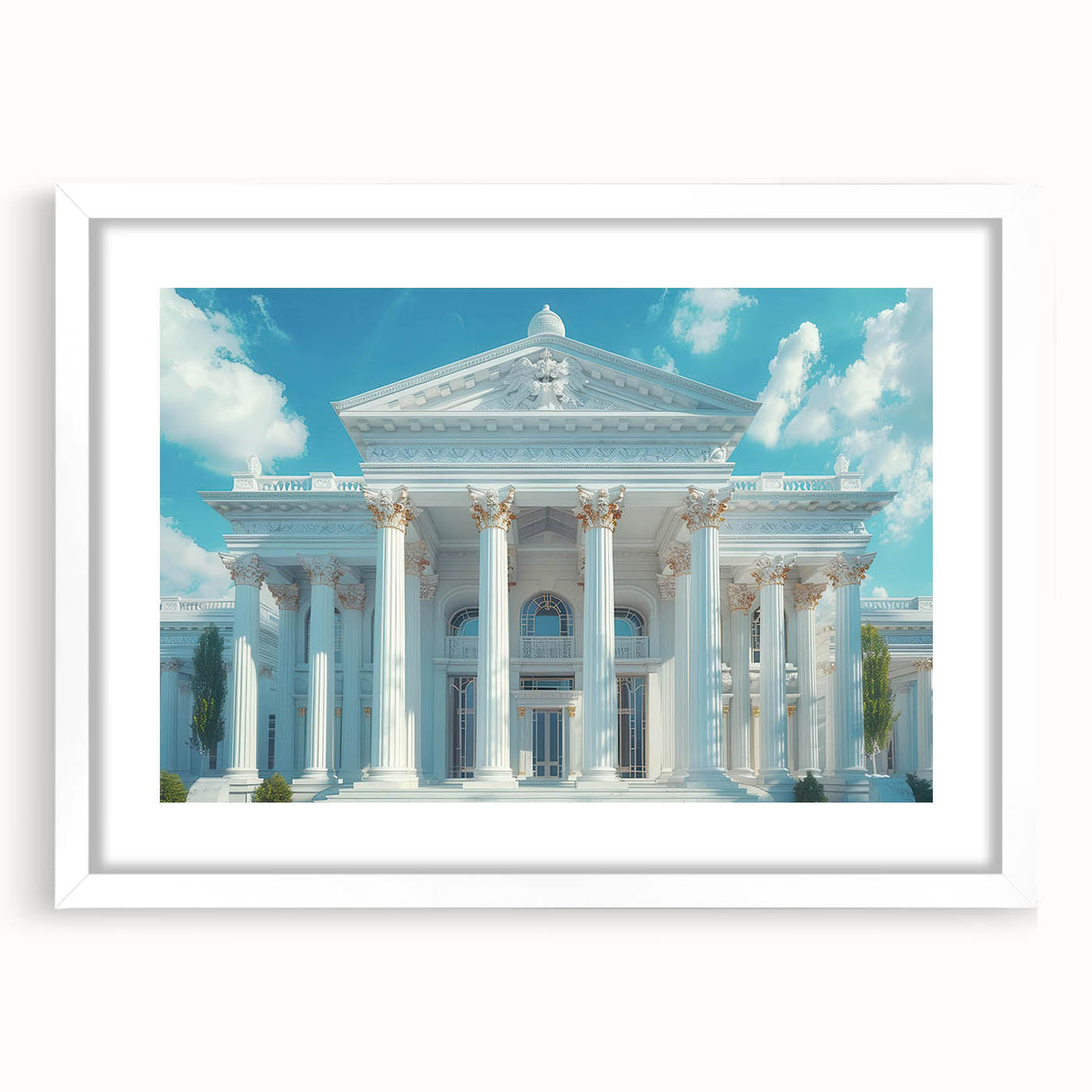 Abstract art print featuring monochrome columns in a minimalist style, framed in white.