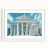 Abstract art print featuring monochrome columns in a minimalist style, framed in white.